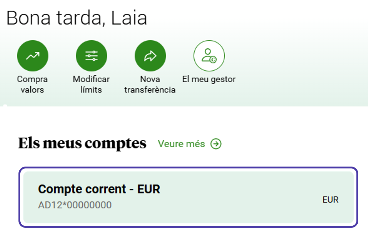 La page d’accueil de la banque en ligne de Creand, avec le compte courant mis en évidence dans « Els meus comptes ».