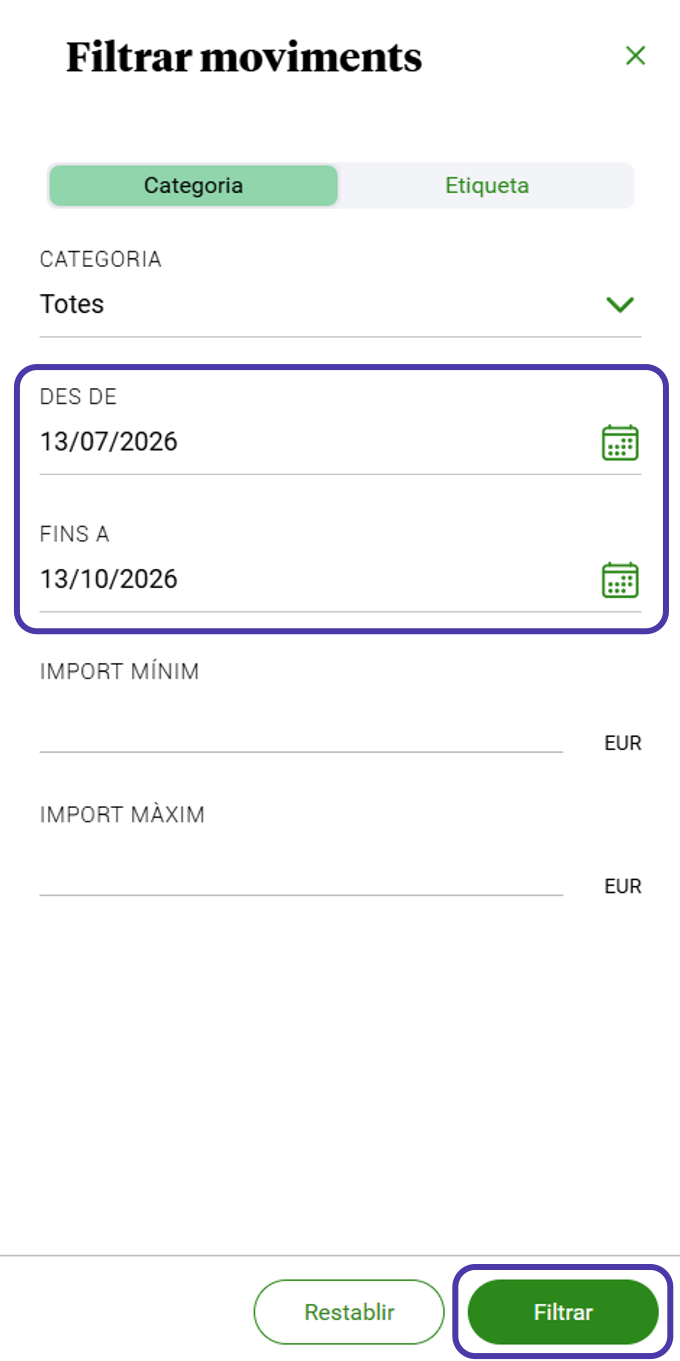 Le panneau Filtrar moviments, avec les dates Des de et Fins a et le bouton Filtrar mis en évidence.