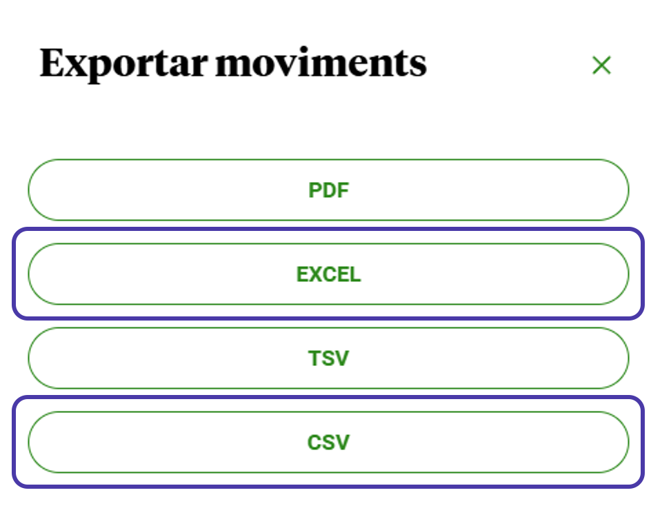 Le panneau Exportar moviments, avec les options EXCEL et CSV mises en évidence.