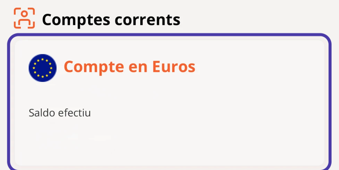 La pantalla d'inici de l'app de MyAndbank, amb el compte en euros marcat a «Comptes corrents».