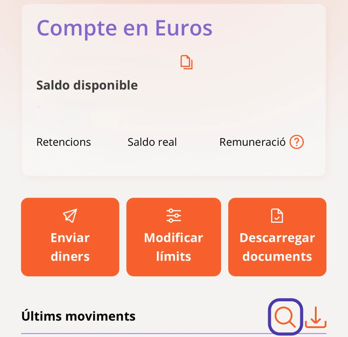 El detall del compte a MyAndbank, amb la lupa marcada al costat d'«Últims moviments».