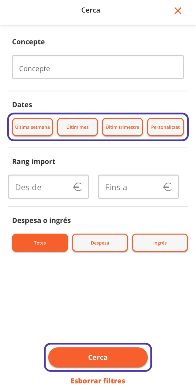 La pantalla Cerca de MyAndbank, amb les opcions de Dates i el botó Cerca marcats.