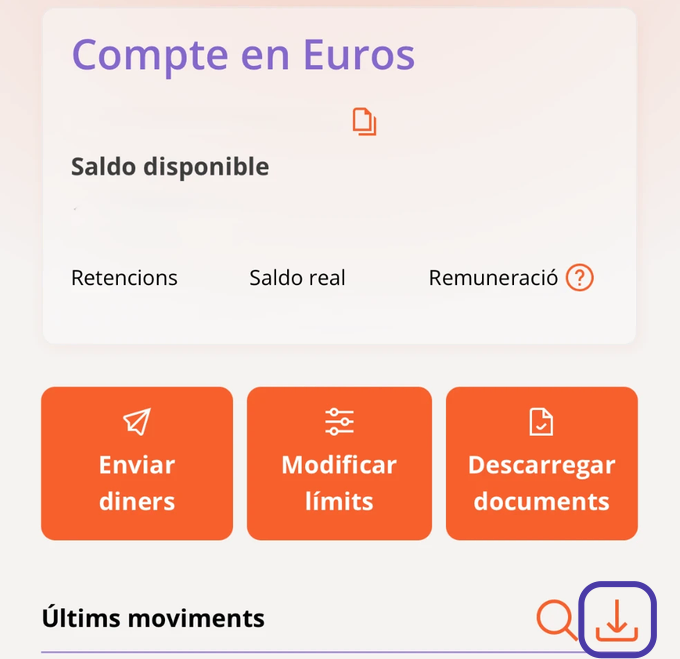 El detall del compte a MyAndbank, amb la icona de descarregar marcada al costat d'«Últims moviments».