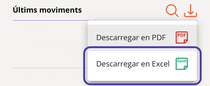 El menú de descàrrega, amb l'opció «Descarregar en Excel» marcada.