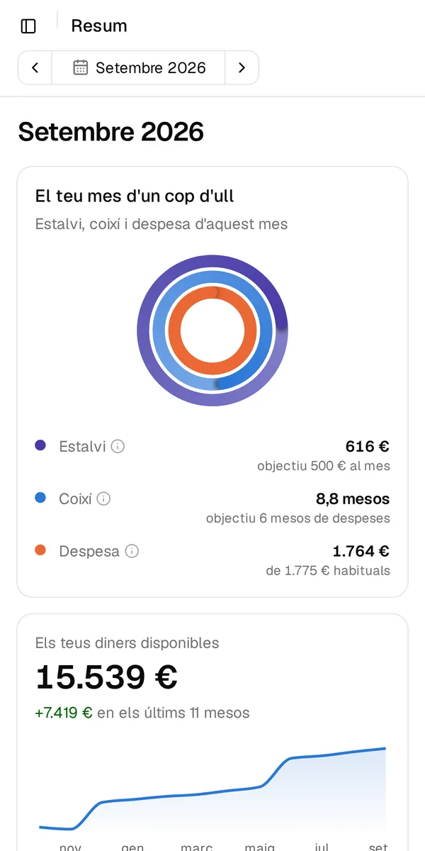 El resum d'Estalvia: anells d'estalvi, coixí i despesa, els diners disponibles i les xifres del mes.
