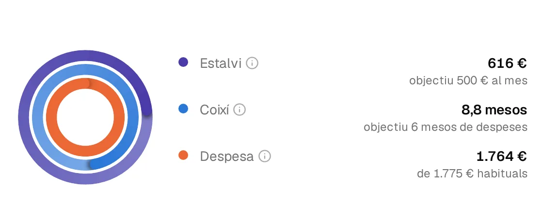 Tres anells: estalvi, coixí i despesa del mes.