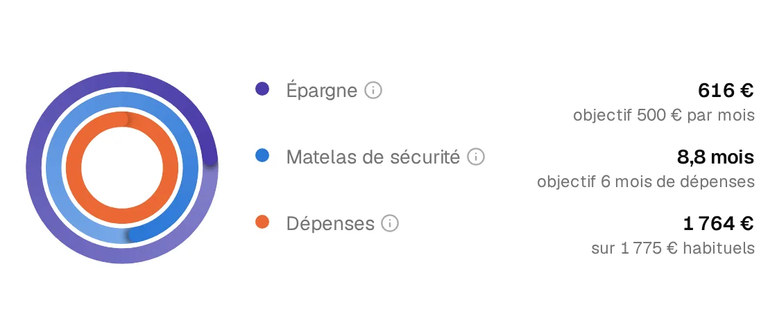 Trois anneaux : épargne, matelas de sécurité et dépenses du mois.