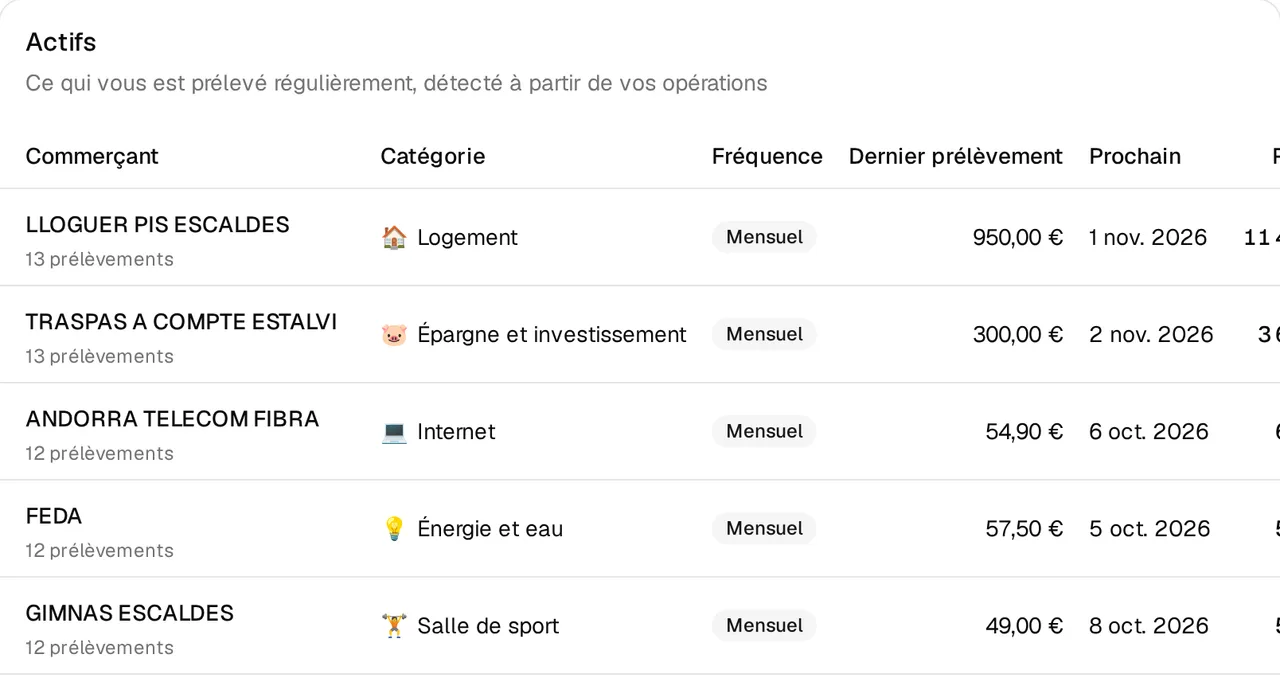 Liste des abonnements et factures avec leur fréquence, le prochain prélèvement et le coût annuel.
